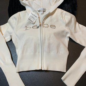 Brand New Bebe White Long Sleeve Cropped Hoodie w/ Rhinestones (NWT) - Sz M